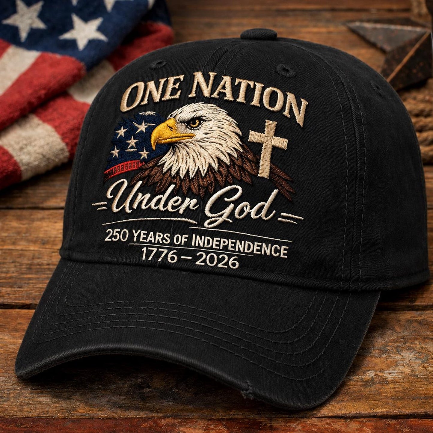 One Nation Under God - USA 250th Anniversary Vintage Washed Baseball Cap, Patriotic 1776-2026 Adjustable Denim Hat 685220