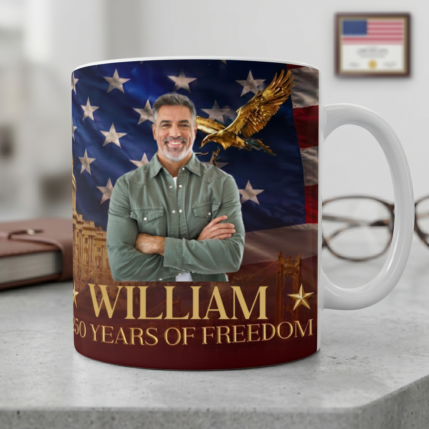 Custom Photo USA 250 Years Of Freedom Mug, Patriotic 4th Of July White Mug Accent Mug 685026