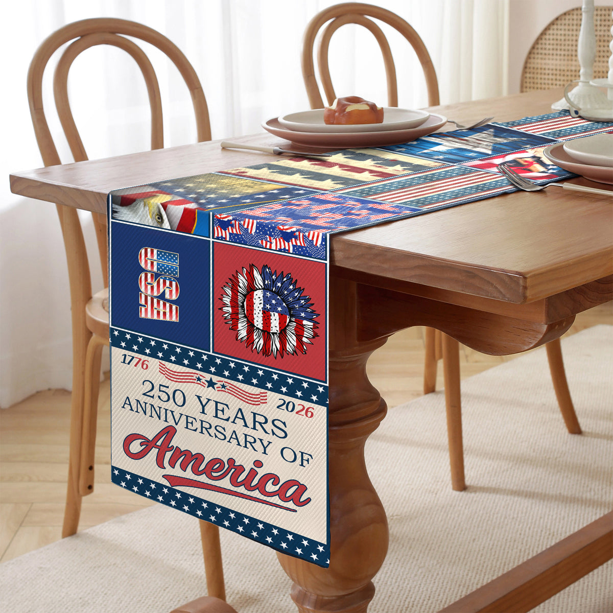 250 Year Patriotic Table Runner | 250th Anniversary Patchwork Inspired Americana Decor | USA Independence Gift 683618