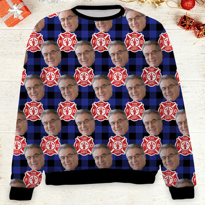 Custom Face Christmas Sweatshirt, Personalized Photo Firefighter Theme Sweater, Christmas All-Over-Printed Sweatshirt 682647