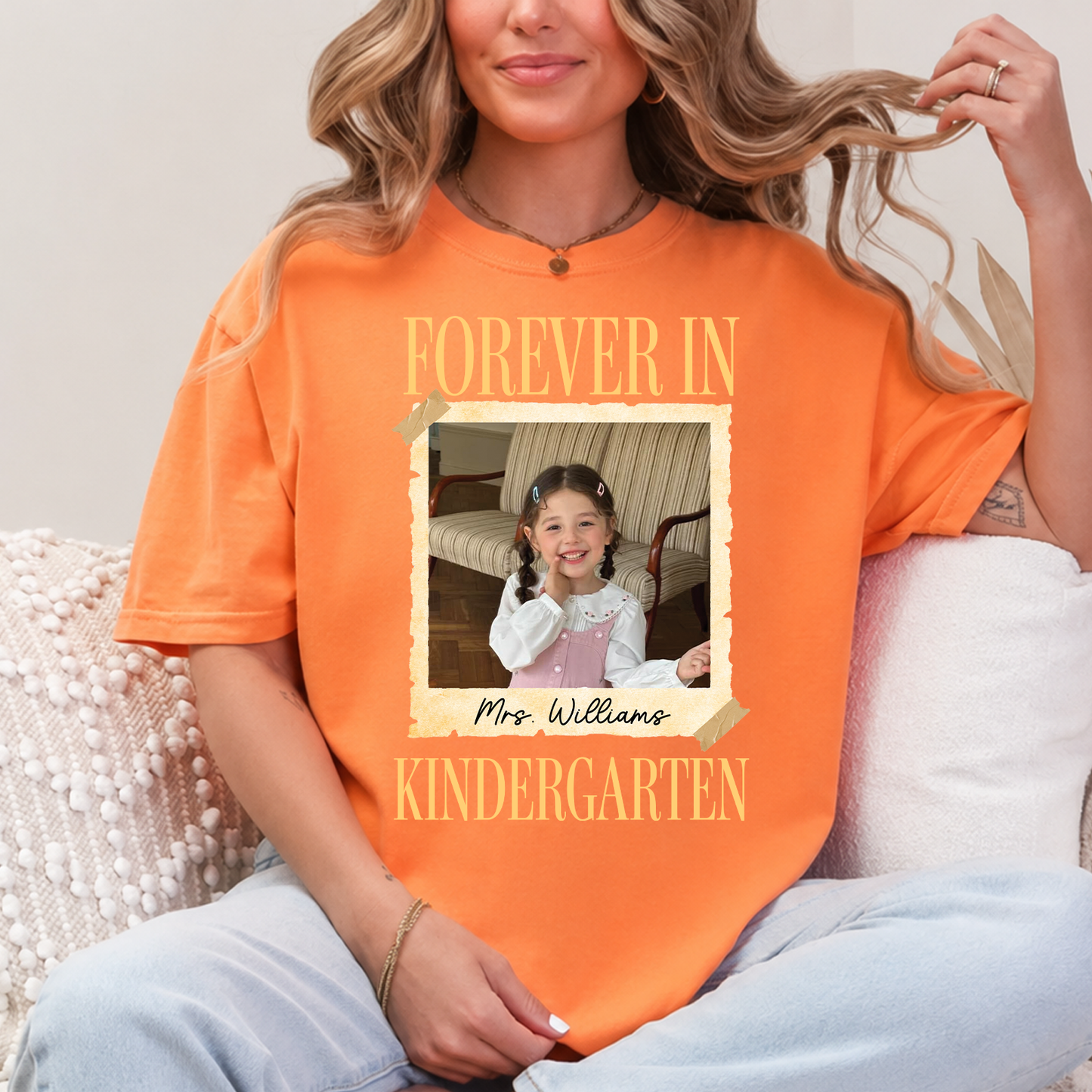 Personalized Forever In Kindergarten Comfort Colors Shirt, Custom Childhood Photo Teacher Tee, Back To School Gift 685735
