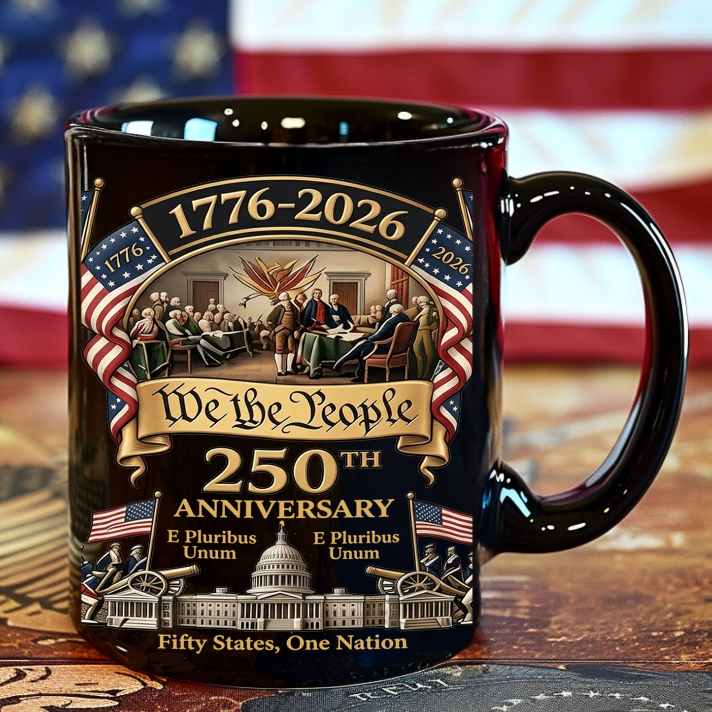 250 Years USA Anniversary Mug | We The People Patriotic Coffee Mug | 4th Of July Black Mug 684632