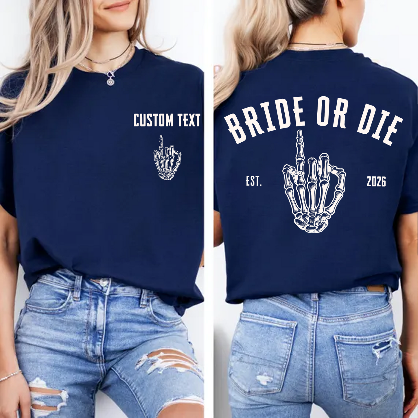 Personalized Bride Or Die Pocket & Back Dark Shirt, Funny Halloween Party Tee, Spooky Skeleton Hands Shirt 685667
