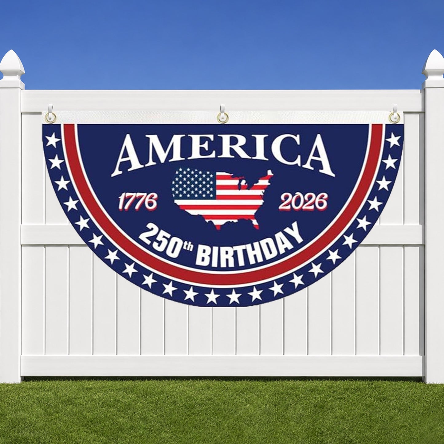 USA 250th Anniversary Semicircle Fence Flag, Patriotic USA 1776–2026 Semiquincentennial Flag 685185