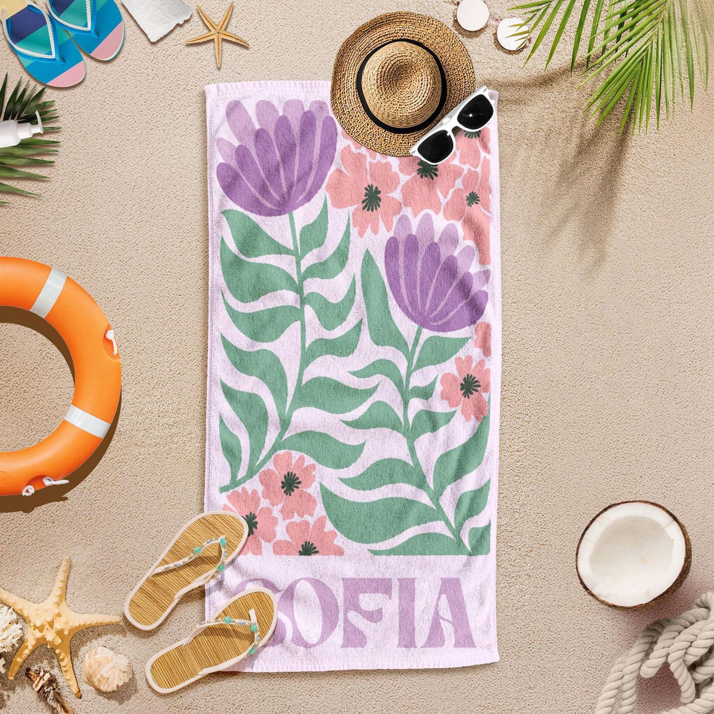 Personalized Retro Beach Towel With Name, Groovy Vibes Beach, Retro Floral Towel 684830