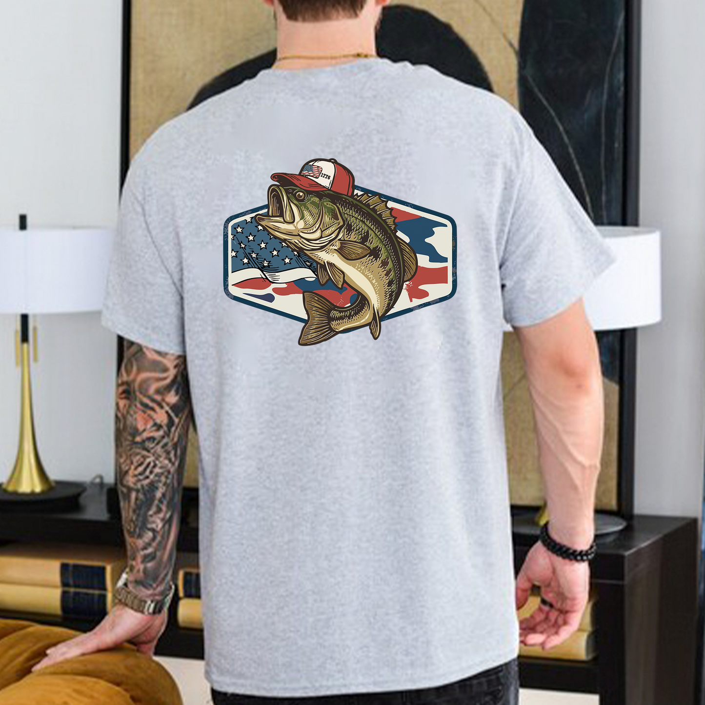 Patriotic Camo Bass Fishing Backside Shirt, USA 250th Anniversary Bright Tee, 4th Of July T-Shirt 685198