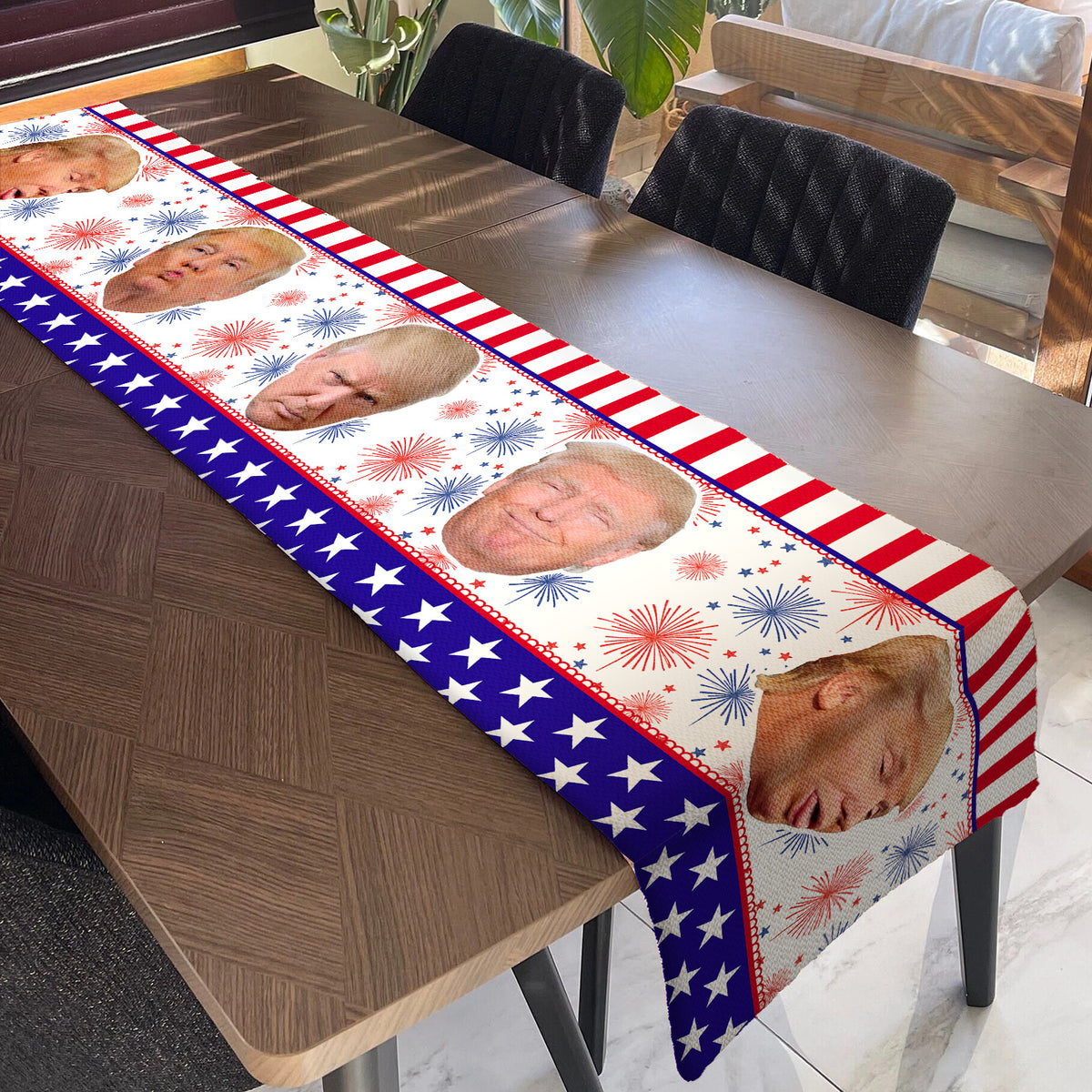 Trump Face Fireworks Table Runner | Personalized Trump President 4th Of July | Independence Day Table Runner For Kitchen 682332