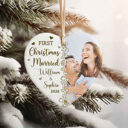 Custom Photo First Christmas Married Ceramic Ornament, Personalized Heart Ornament, Christmas Keepsake Gift 686229