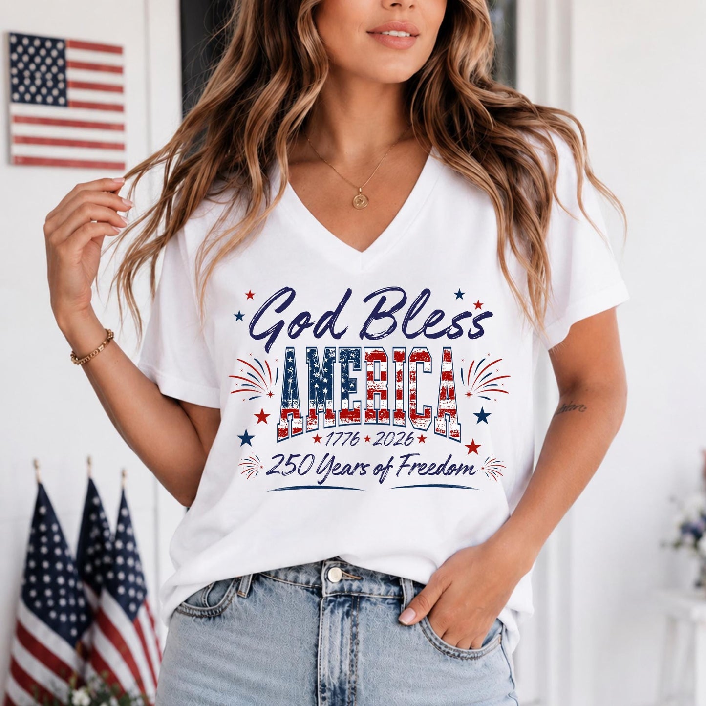 Personalized God Bless America V-Neck Shirt, 250 Years Of Freedom Patriotic Women Tee 685393