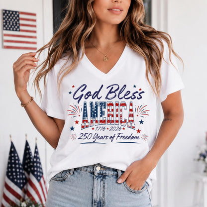 Personalized God Bless America V-Neck Shirt, 250 Years Of Freedom Patriotic Women Tee 685393