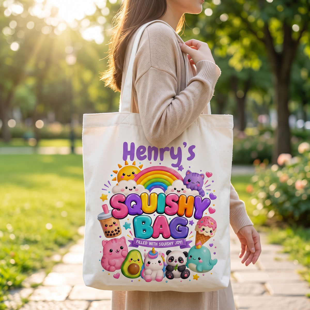 Personalized Kid Squishy Bag, Custom Name Squishy Toy Tote Bag, Colorful Kawaii Rainbow Gift 686604 WFD