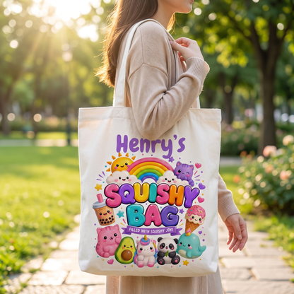 Personalized Kid Squishy Bag, Custom Name Squishy Toy Tote Bag, Colorful Kawaii Rainbow Gift 686604 WFD