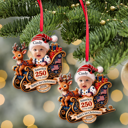 Personalized Baby's First Christmas Acrylic Ornament 2026, Custom Name Baby Sleigh Reindeer Tree Hanging Decor, America 250th Semiquincentennial Anniversary Keepsake Gift 686613