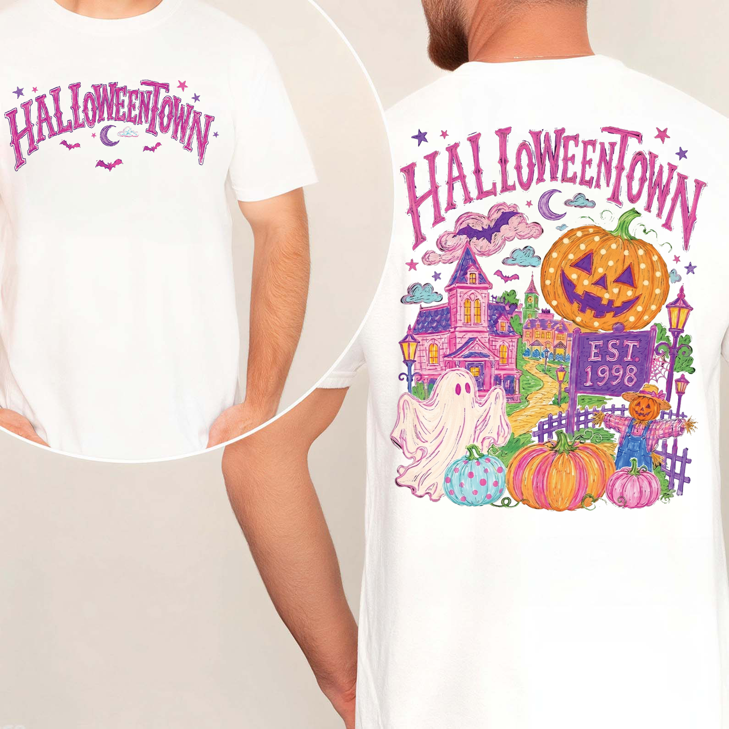 Retro Halloweentown Est 1998 Graphic Front & Back Bright Shirt, Trendy Pastel Halloween Apparel 685861