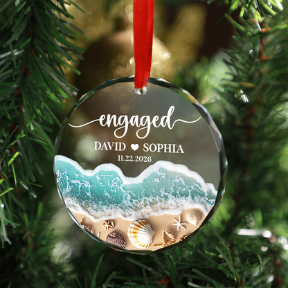 Personalized Beach Engaged Glass Ornament, First Christmas Engaged Gift, Couple Christmas Keepsake Gift 685766
