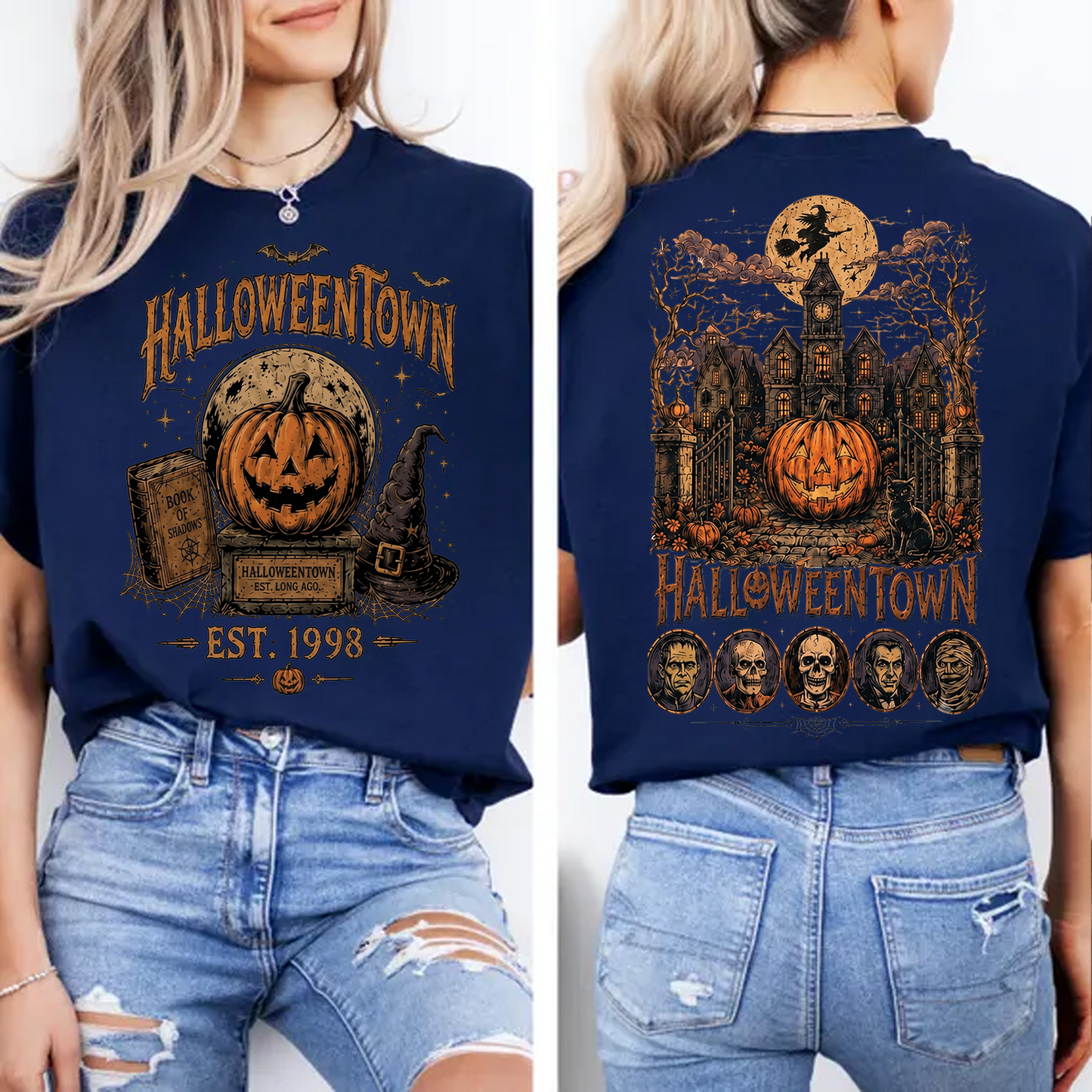 Retro Halloween Town Front & Back Dark Shirt, Vintage Halloween Tee, Trick Or Treat Fall Shirt 685860