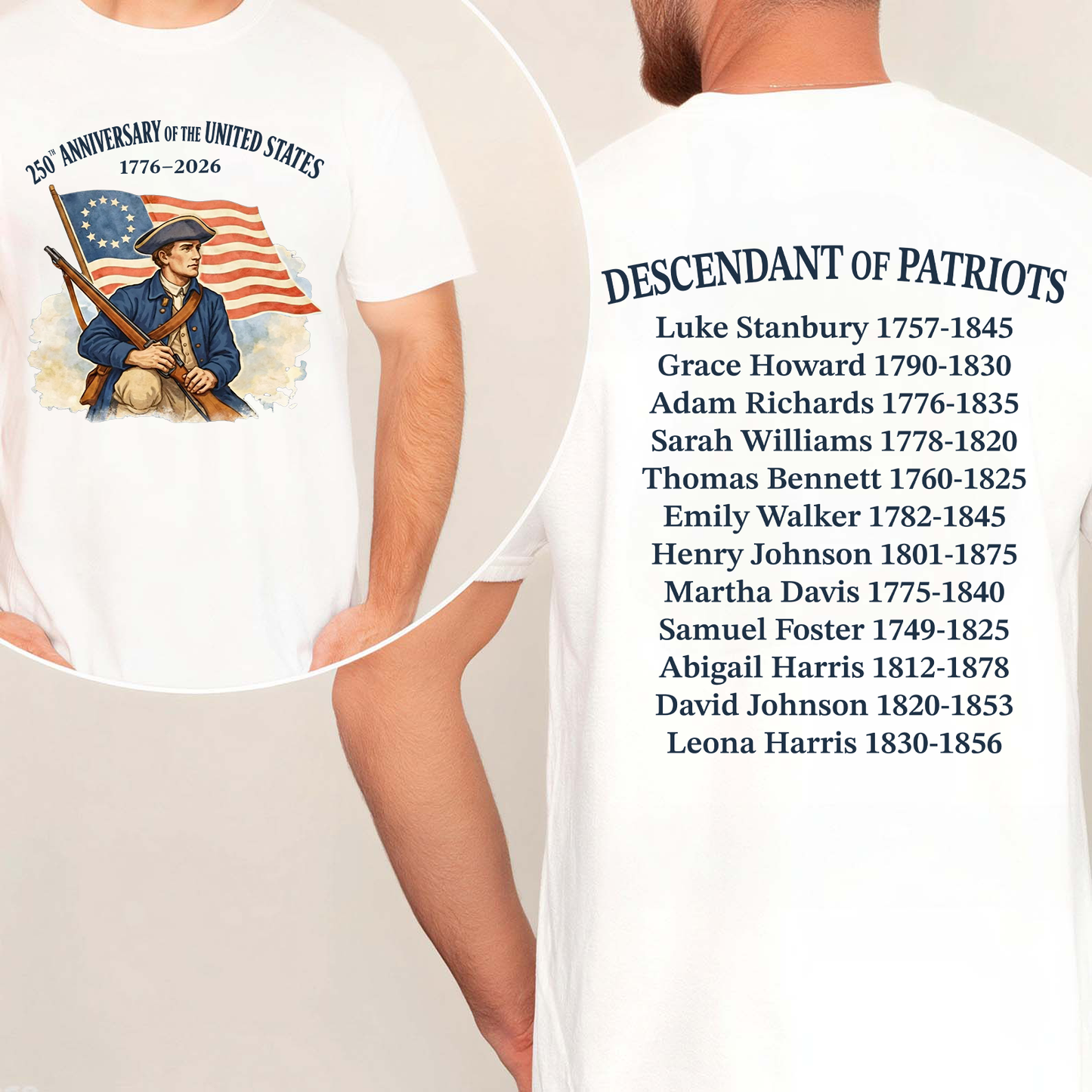 Descendant Of A Patriots Front & Back Shirt | Personalized 250 Years Anniversary Shirt | Patriotic 1776–2026 Tee 684700