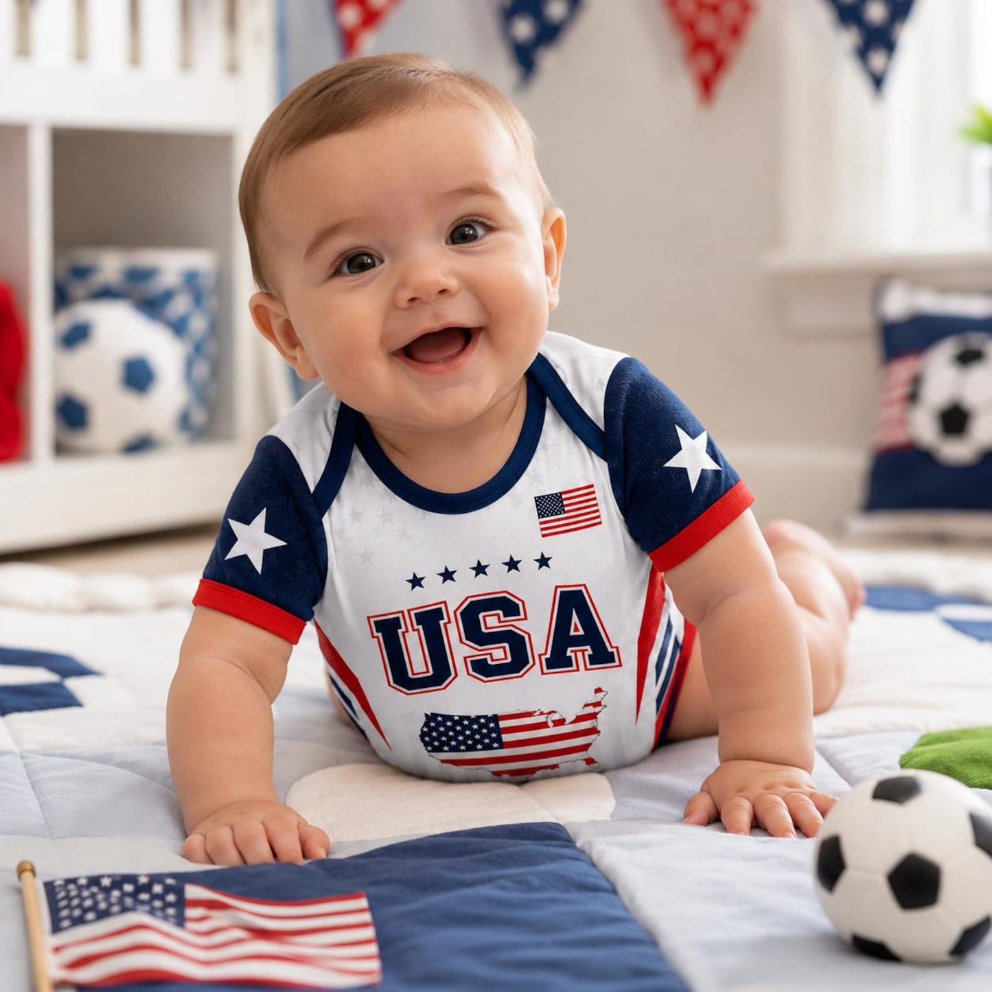Personalized USA Baby Soccer Bodysuit, Custom Name Number Infant Outfit, American Flag Baby Romper, Gift For Newborn 685426 WFD