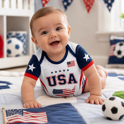 Personalized USA Baby Soccer Bodysuit, Custom Name Number Infant Outfit, American Flag Baby Romper, Gift For Newborn 685426 WFD