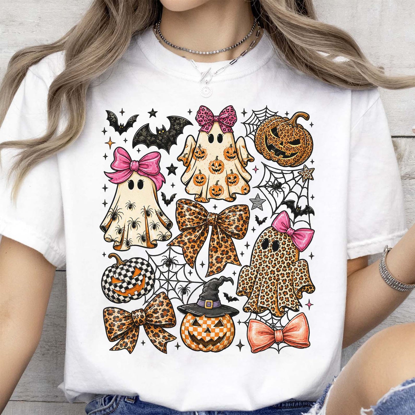 Coquette Leopard Pumpkin Ghost Bright Shirt, Retro Halloween Girly Ghost Tee 685659