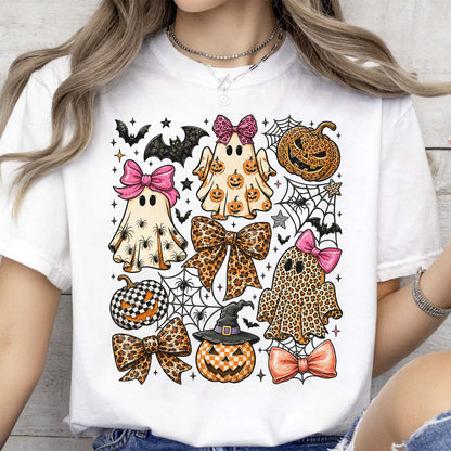 Coquette Leopard Pumpkin Ghost Bright Shirt, Retro Halloween Girly Ghost Tee 685659