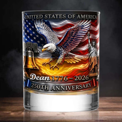 Personalized USA 250th Anniversary Whiskey Glass, Custom Name Patriotic 4th Of July Glass 685289