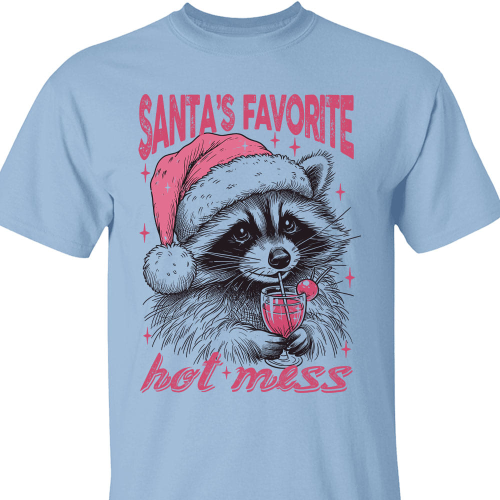 Santa's Favorite Hot Mess Shirt, Funny Christmas Raccoon Sweater, Trendy Pink Christmas Sweatshirt T1640