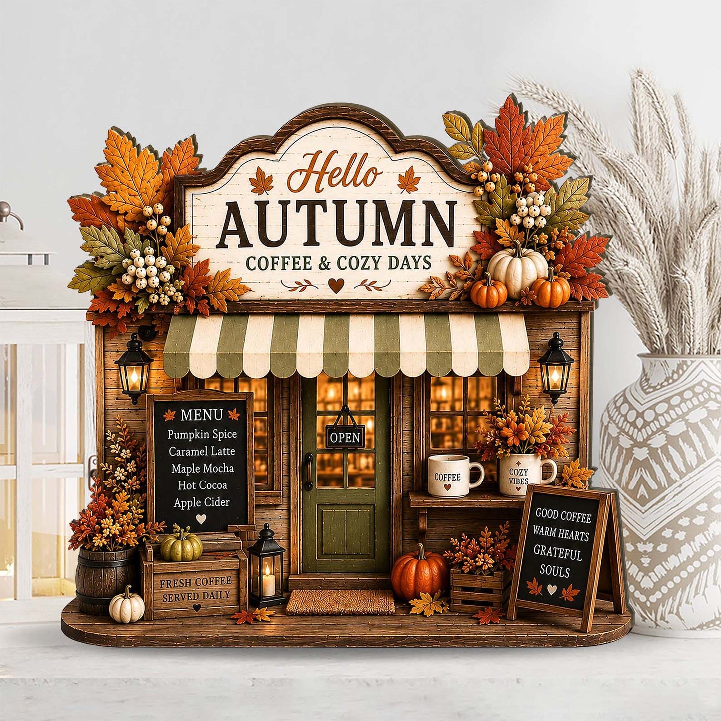 Autumn Coffee Shop Wooden Block, Cozy Coffee Bar Decor, Rustic Pumpkin Storefront Sign 685948