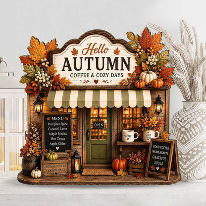 Autumn Coffee Shop Wooden Block, Cozy Coffee Bar Decor, Rustic Pumpkin Storefront Sign 685948