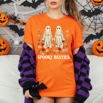 Custom Name Spooky Besties Dark Shirt, Personalized Ghost Floral Tee, Halloween Gifts For Friends 685971