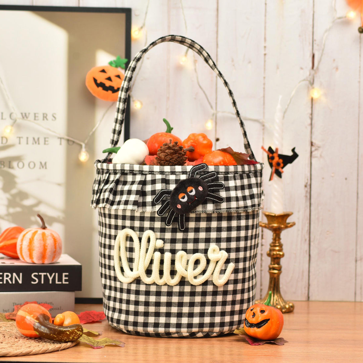 Personalized Halloween Candy Basket For Kids, Custom Name Trick Or Treat Bucket, Embroidered Gingham Bucket 685717 WFD
