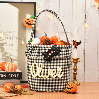 Personalized Halloween Candy Basket For Kids, Custom Name Trick Or Treat Bucket, Embroidered Gingham Bucket 685717 WFD