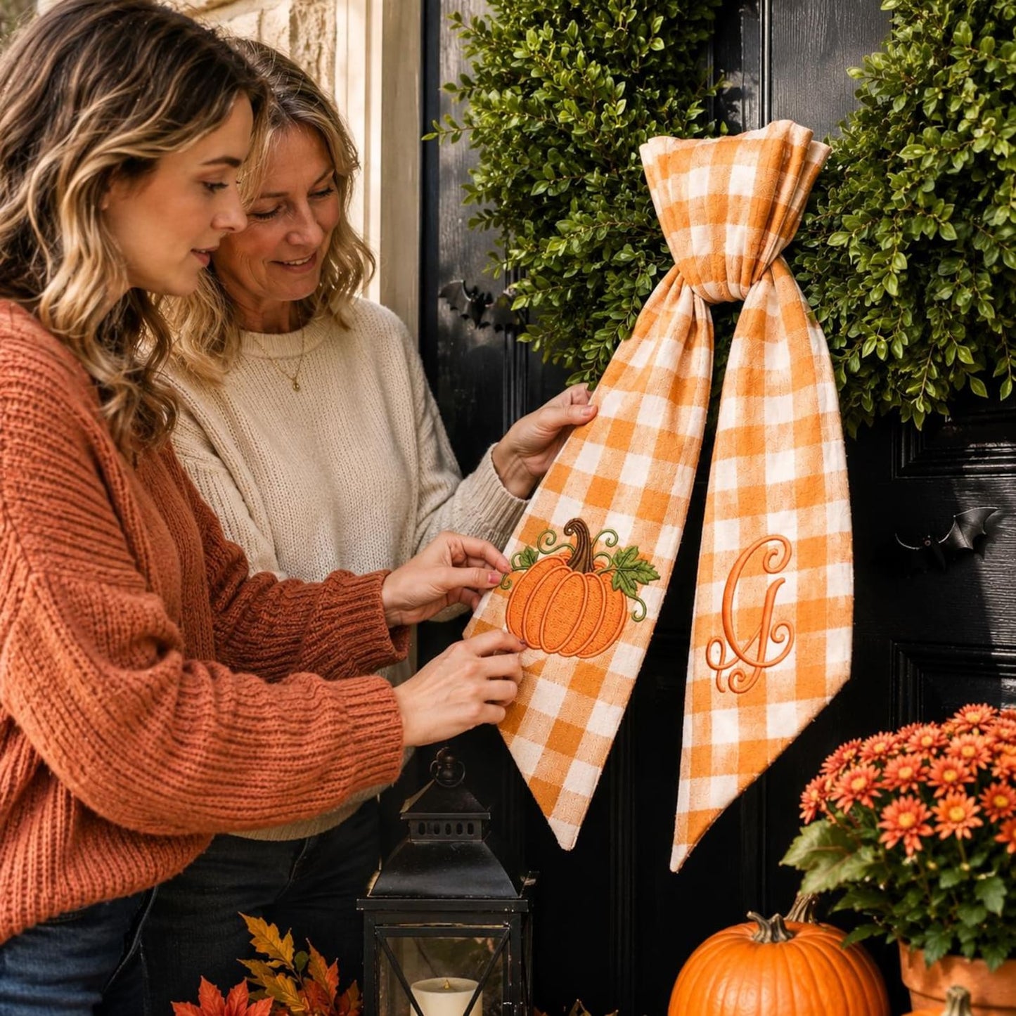 Personalized Pumpkin Wreath Sash, Embroidered Fall Monogram Gingham Door Bow, Thanksgiving Front Door Decor 686028 WFD
