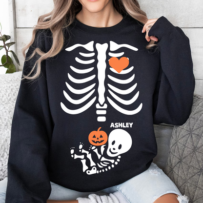 Personalized Skeleton Maternity Dark Sweater Large Print | Custom Name Skeleton Tee | Cute Baby Bump Halloween Gift 685918