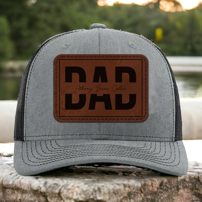 Personalized Dad Trucker Leather Patch Hat With Kids Names, Father’s Day Gift, Gift For Dad 685076
