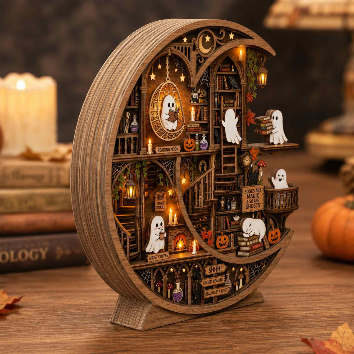 Halloween Ghost Library Wooden Block, Pumpkin Bookshelf Decor, Spooky Autumn Gift 686484 WFD