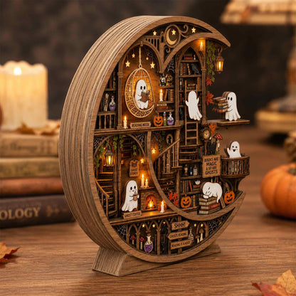 Halloween Ghost Library Wooden Block, Pumpkin Bookshelf Decor, Spooky Autumn Gift 686484 WFD