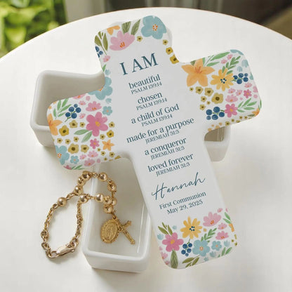 Floral Holy Name Cross Box | Personalized Ceramic Keepsake | Custom Cross Box | Gift For Baptism 684800