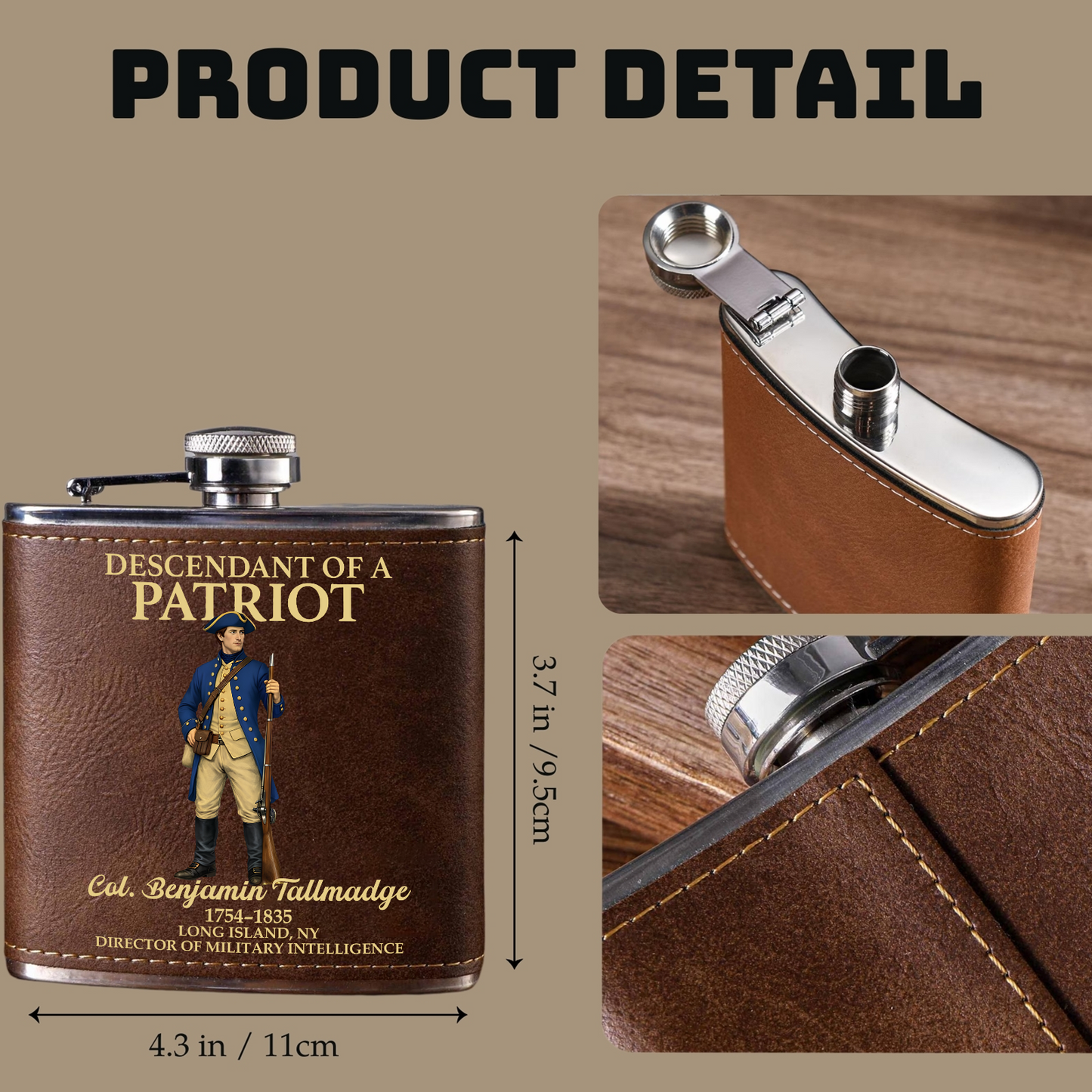 Descendant Of A Patriot Flask, Personalized Leather Flask, 250 Years Of America Gift 684596