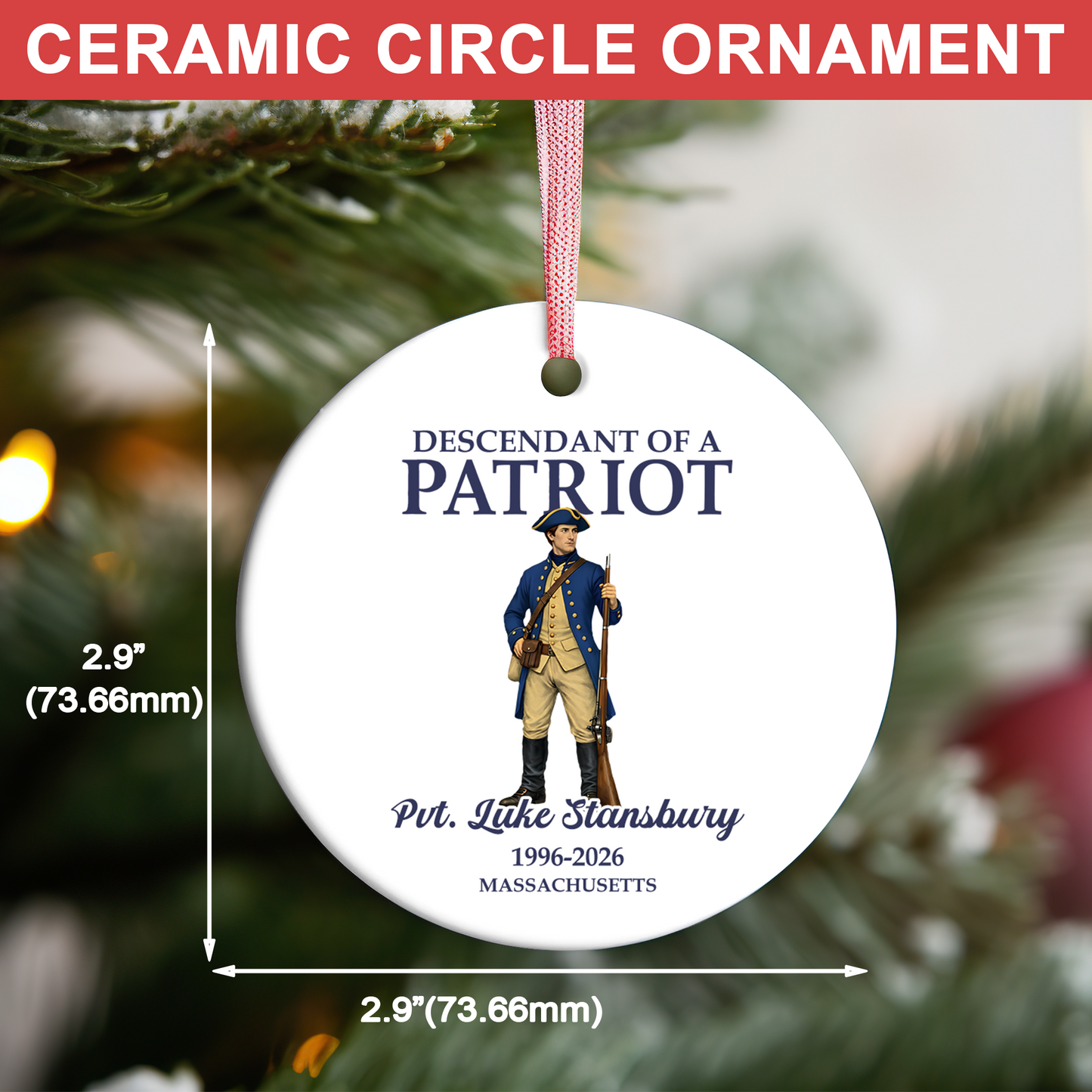 Custom Name Descendant Of A Patriot Ceramic Ornament | Personalized 250 Years Christmas Ornament | USA Heritage Gift 684383