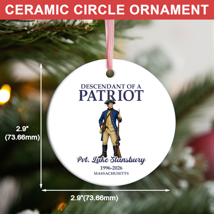 Custom Name Descendant Of A Patriot Ceramic Ornament | Personalized 250 Years Christmas Ornament | USA Heritage Gift 684383