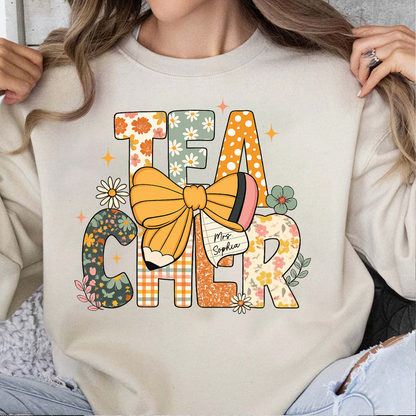 Custom Name Floral Teacher Bright Shirt, Personalized Vintage Pencil & Bow Tee, Back To School Gift 685710