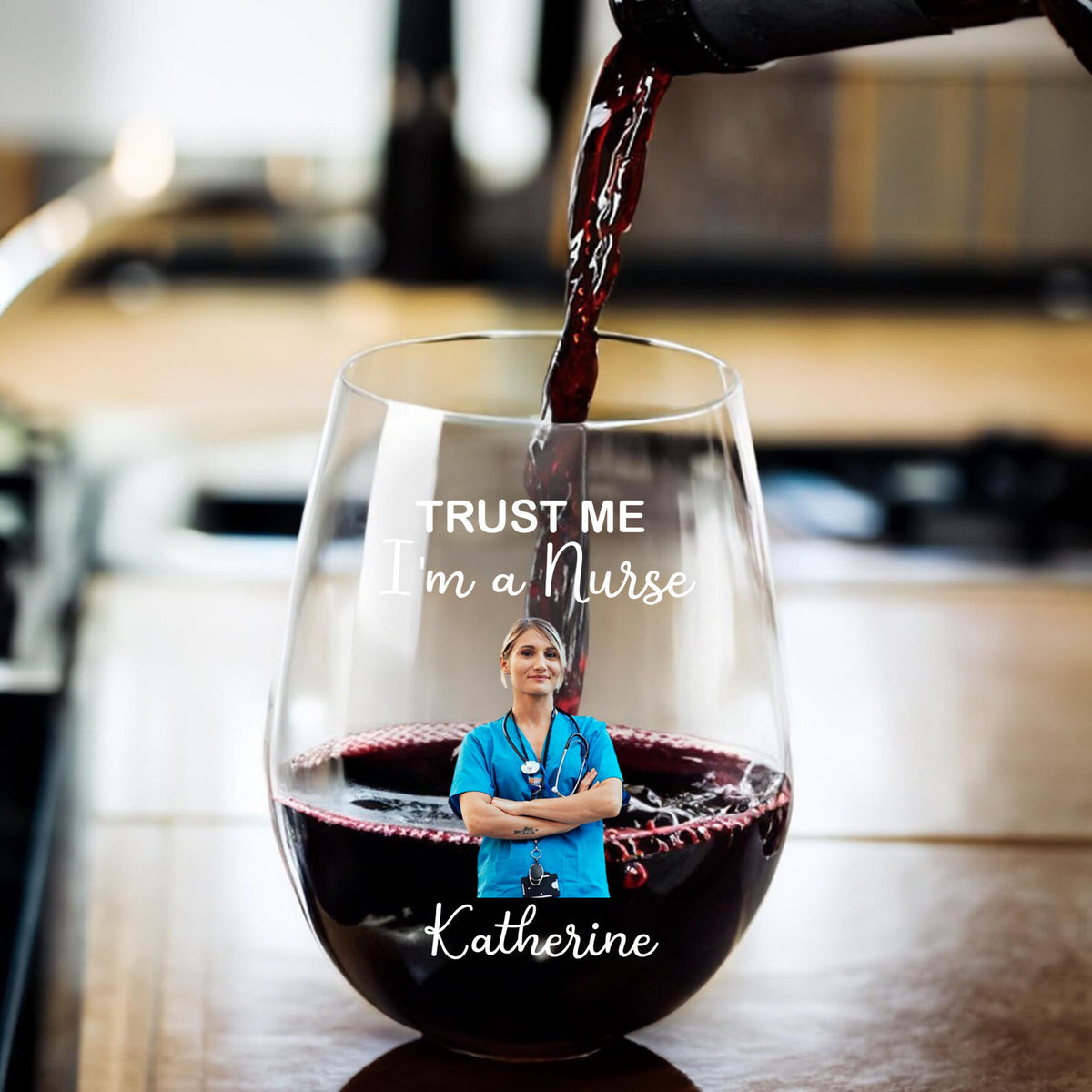 Personalized Safety First, Drink with Nurse Wine Glass | Custom Photo Wine Glass | Personalized Gift For Mom | Gift For Wife 682687