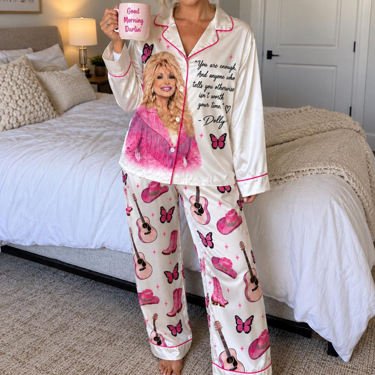 You Are Enough Dolly Pajamas, Dolly Parton Satin PJ Set, Country Music Holiday Sleepwear 686308