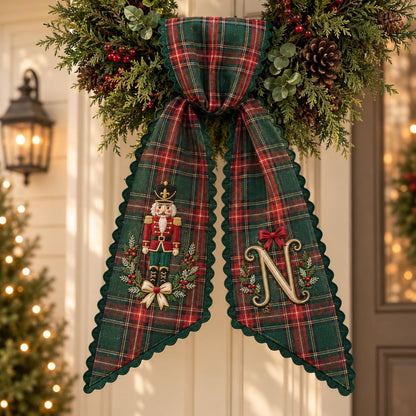 Personalized Christmas Wreath Sash, Embroidered Nutcracker & Monogram Letter, Custom Name Holiday Door Decor 686901 WFD