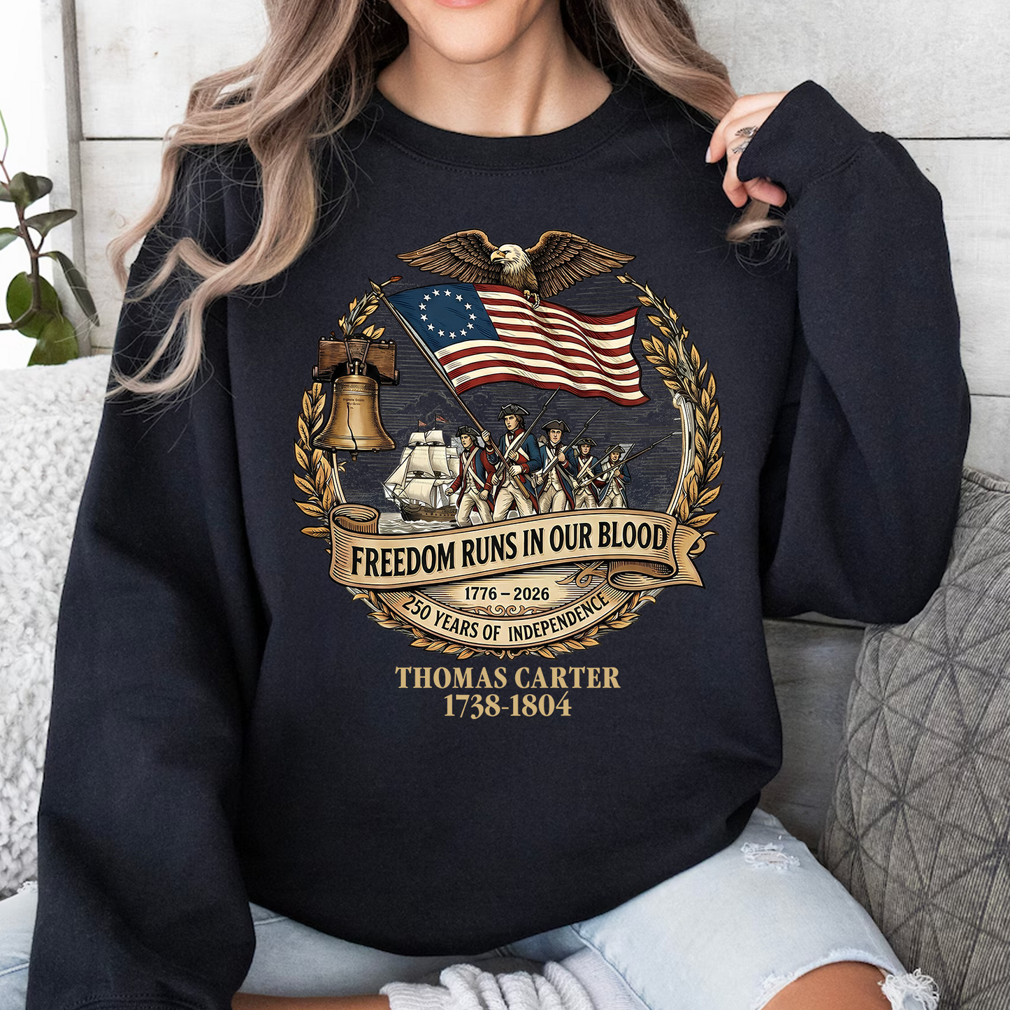 Personalized Freedom Runs In Our Blood Dark Shirt | Revolutionary War Ancestor Tee, Patriotic Tee 684478