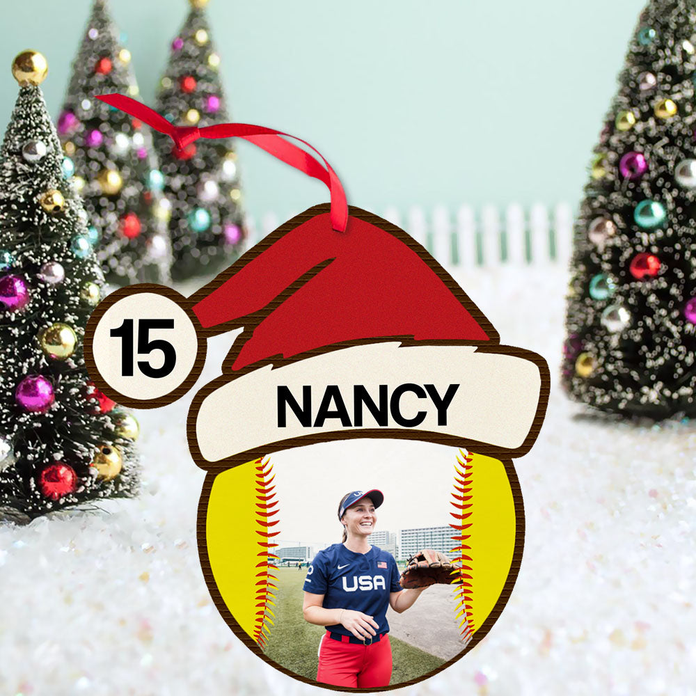 Softball Santa Hat Wooden Ornament | Wooden 1 Layer Ornament for Christmas 682724