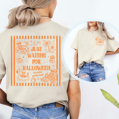 Just Waiting For Halloween Front & Back Bright Shirt, Summer Skeleton Striped Tee, Gift For Halloween 685625