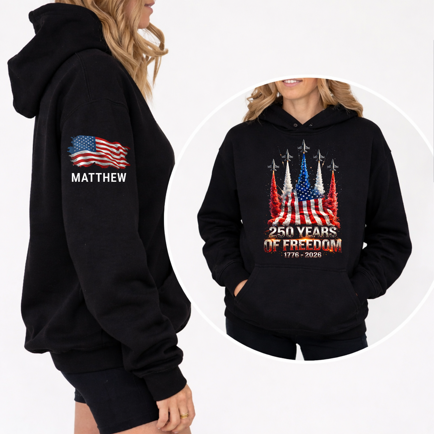 Personalized USA 250 Years Of Freedom Dark Shirt | Custom Name Patriotic 4th Of July Front & Sleeve Shirt 684851