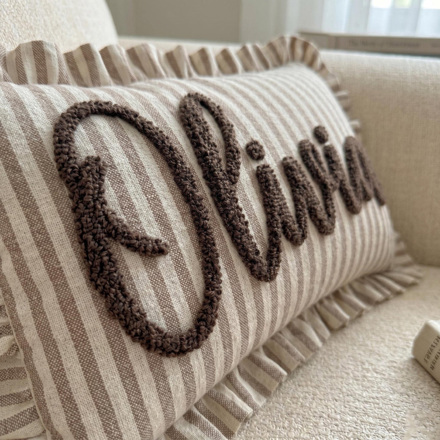 Custom Embroidered Name Pillow | Personalized Striped Ruffled Punch Needle Throw Pillow 685556 WFD
